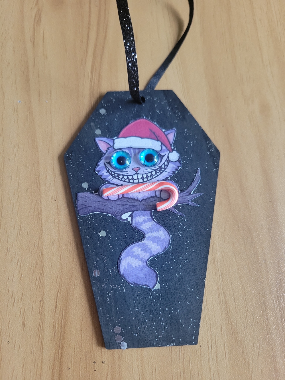 🧋NEW🧋Purple Cheshire Cat Coffin Ornament with Candy Cane